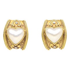 Vintage 18K Gold Clip On Earrings W/ Diamond & Pearl Heart