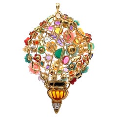 Vintage 18k Gold Colorful Multi Gemstones Flower Vase Bouquet Brooch Pendant