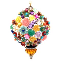Vintage 18k Gold Colorful Multi Gemstones Flower Vase Bouquet Brooch Pendant