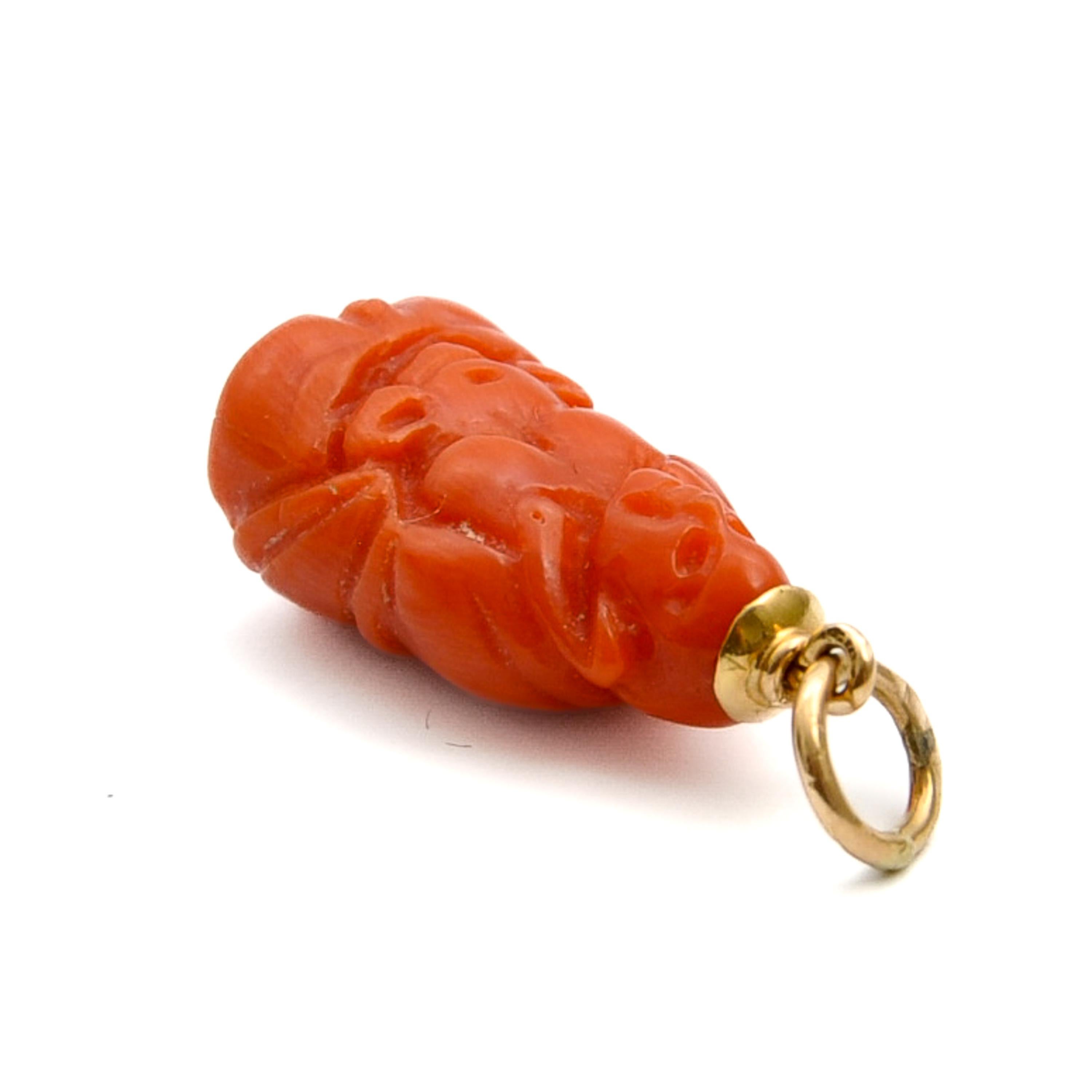 Mixed Cut Vintage 18K Gold Coral Buddha Charm Pendant For Sale