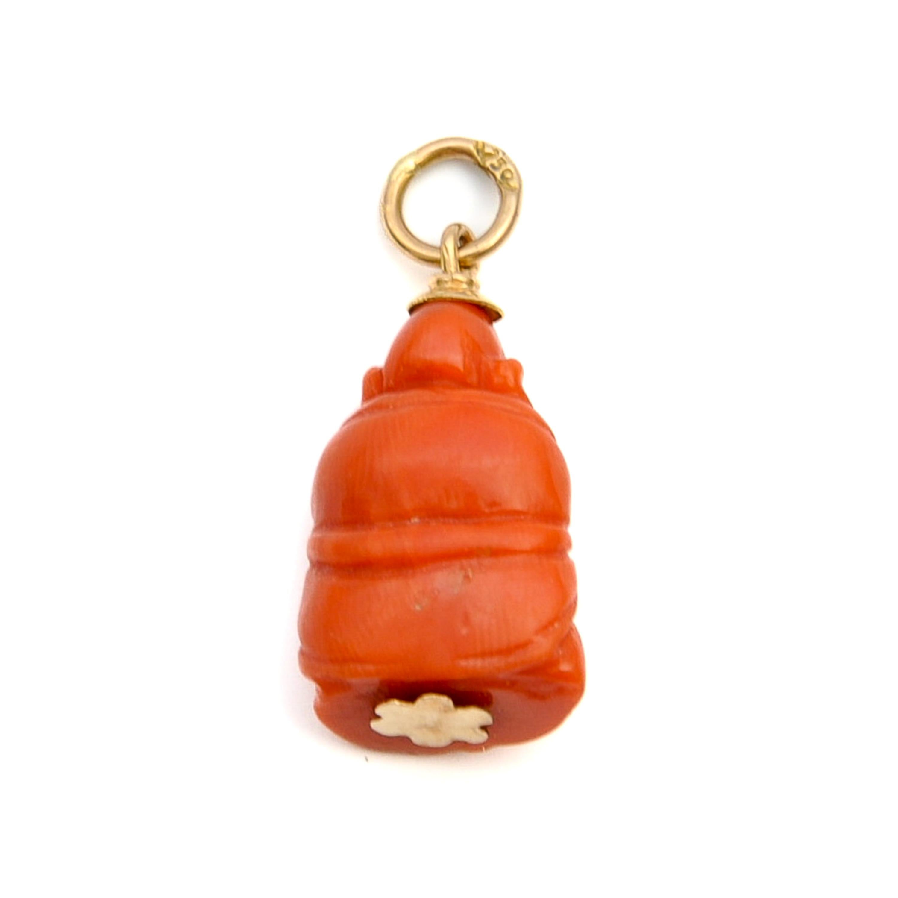 Women's or Men's Vintage 18K Gold Coral Buddha Charm Pendant For Sale