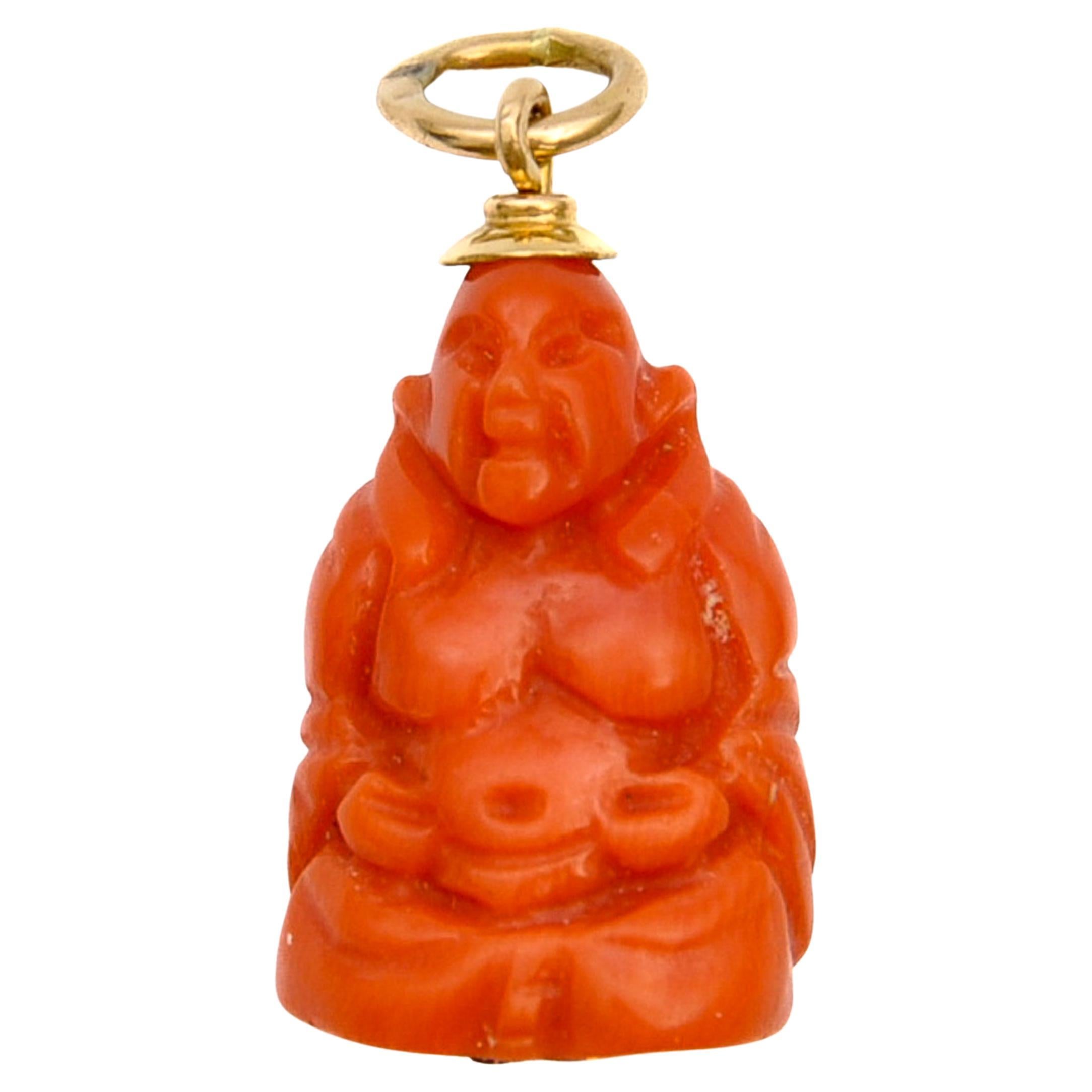 Vintage 18K Gold Coral Buddha Charm Pendant For Sale