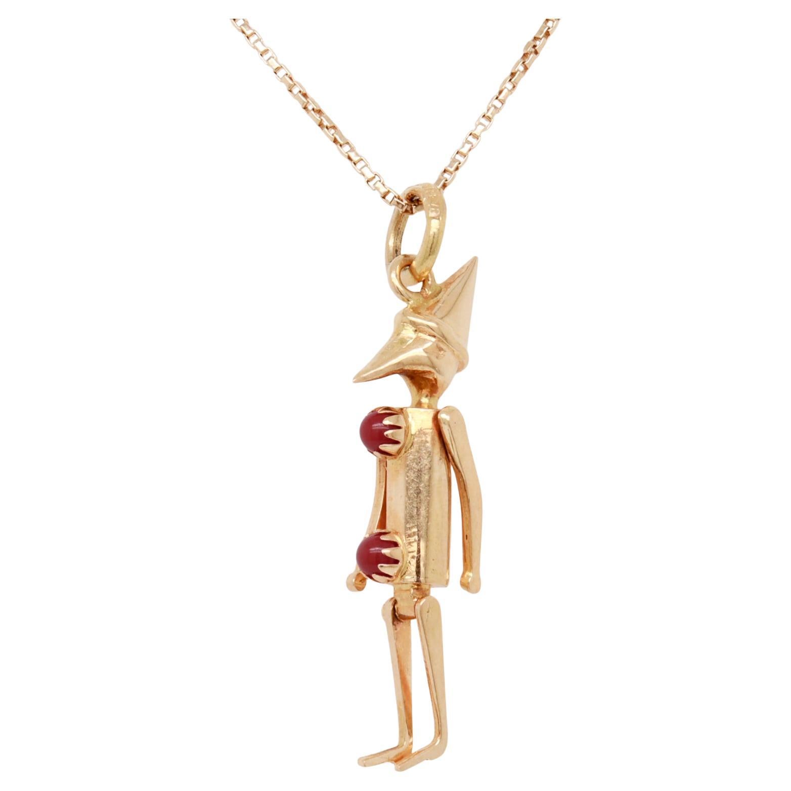 Colgante Cinético Marioneta Pinocho Vintage de Oro de 18K y Cabujón de Coral