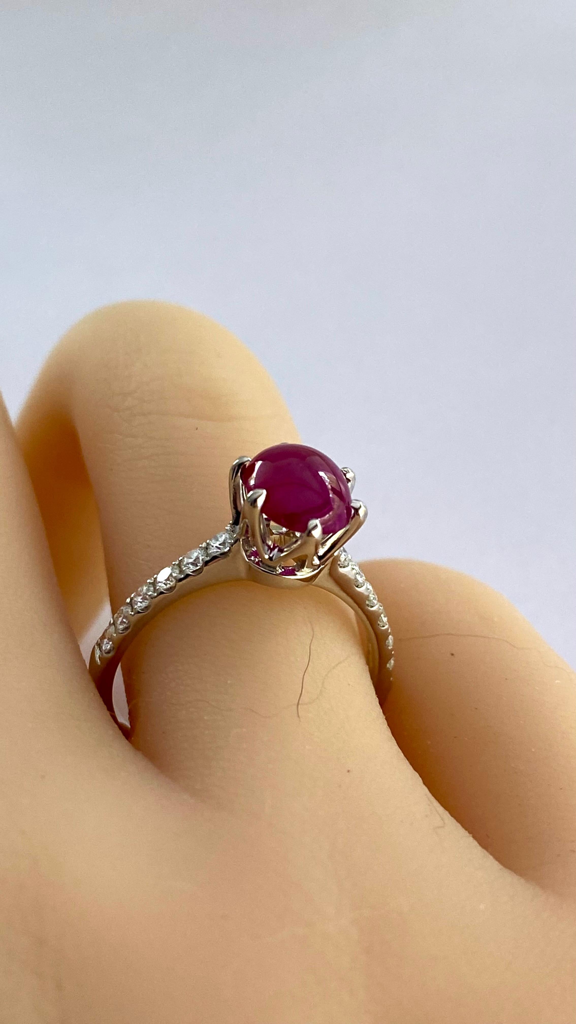 Vintage 18K Gold Cushion Burma Ruby Weighing 2.10 Carat Diamond Engagement Ring For Sale 6