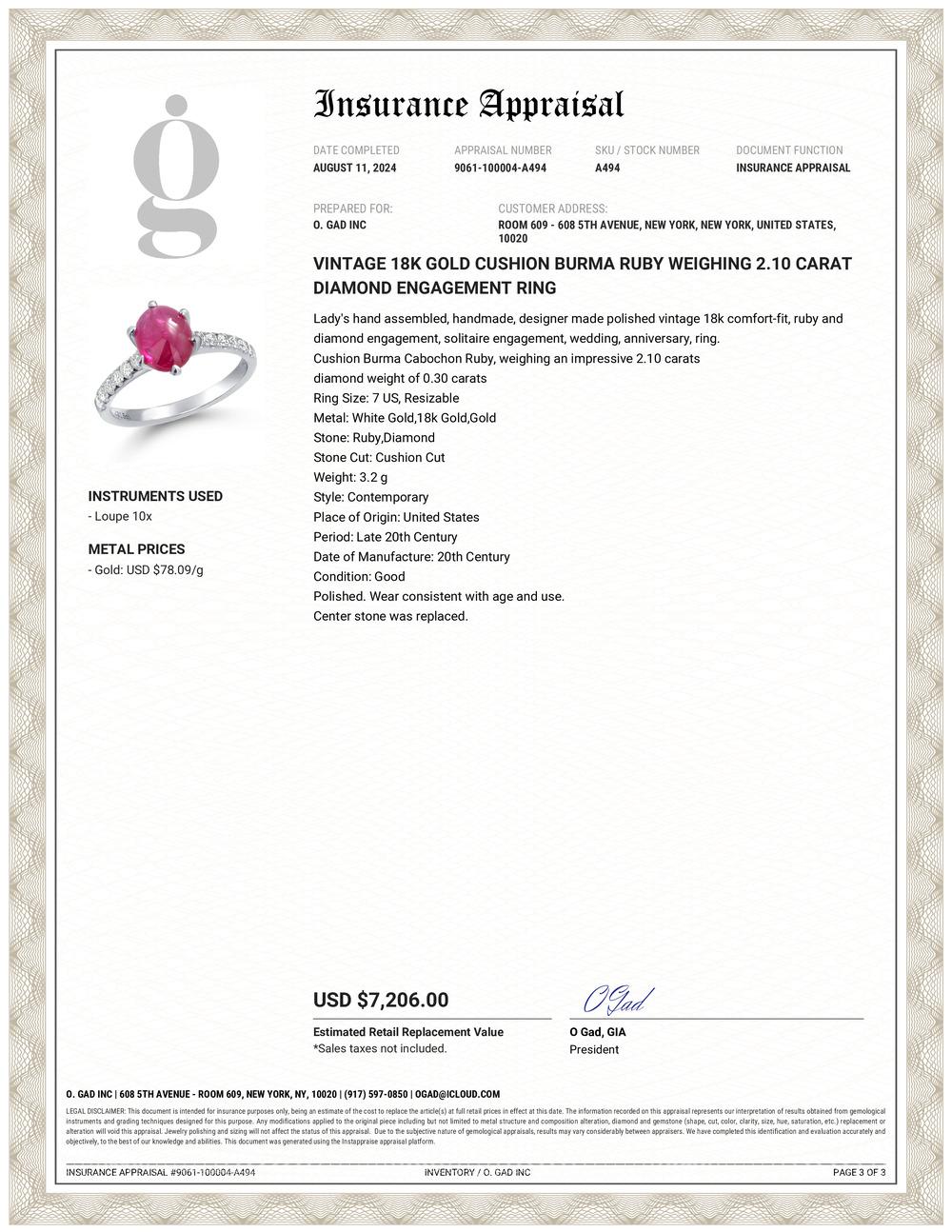 Contemporary Vintage 18K Gold Cushion Burma Ruby Weighing 2.10 Carat Diamond Engagement Ring For Sale