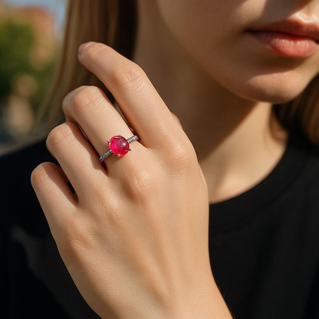 Immerse yourself in the timeless elegance of this vintage engagement ring, expertly crafted in luxurious 18 karat white gold. This exquisite piece features a fine quality Cushion Burma Cabochon Ruby, weighing an impressive 2.10 carats, nestled