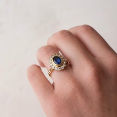 Vintage 18k Gold Daisy Ring — Natural Blue Sapphire & Diamonds