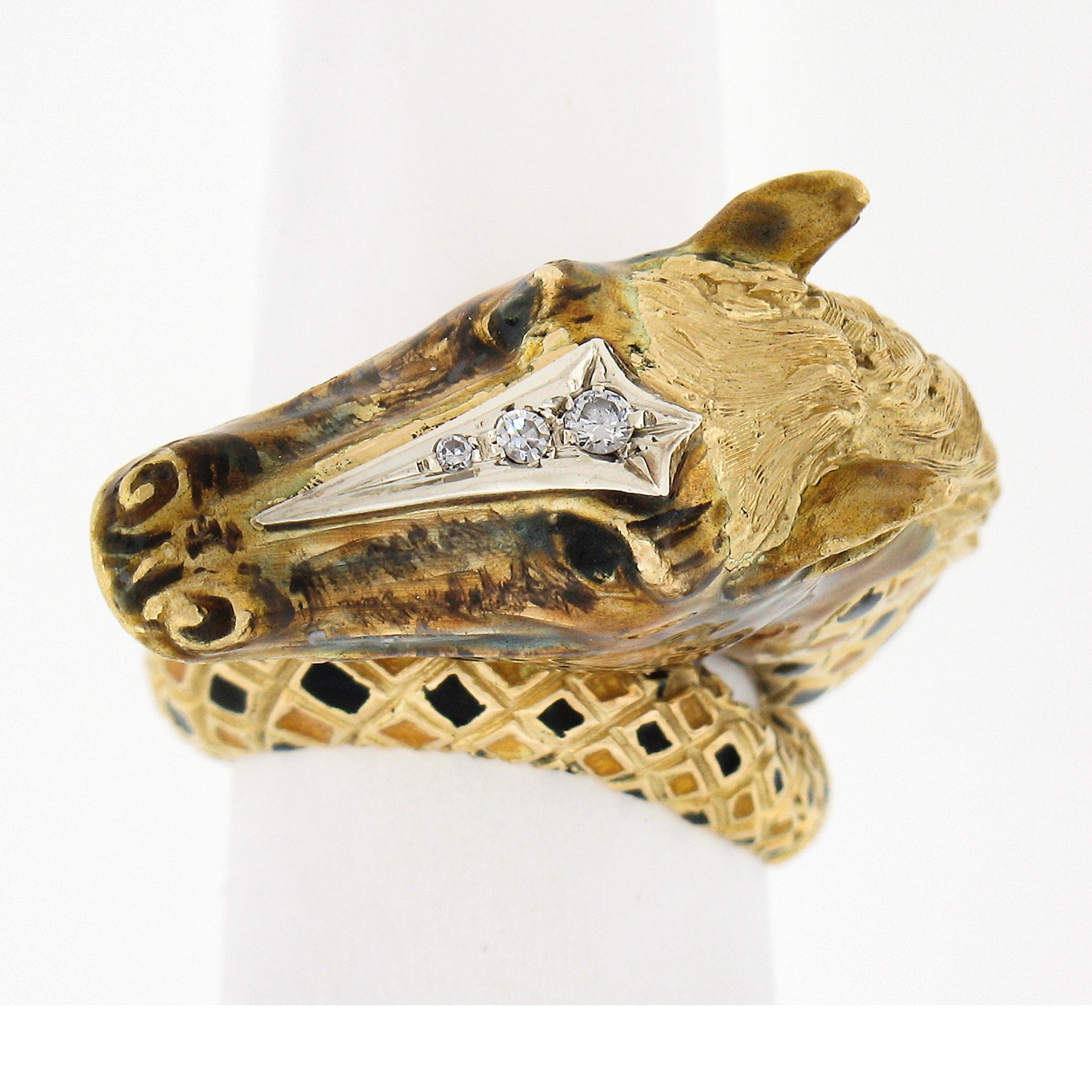 Round Cut Vintage 18K Gold Detailed 3D Horse Head Band Ring w/ Enamel Work & Diamond For Sale