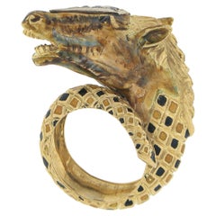 Vintage 18K Gold Detailed 3D Horse Head Band Ring w/ Enamel Work & Diamond