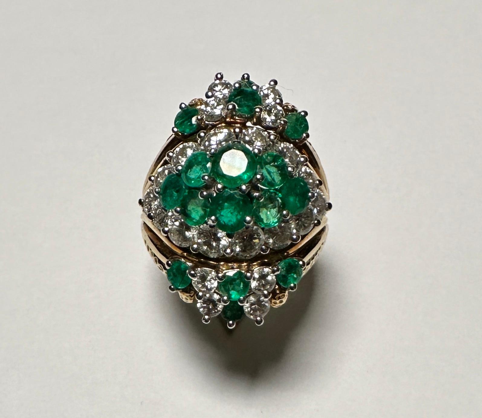 American Vintage 18K Gold, Diamond And Emerald Cocktail  Ring For Sale