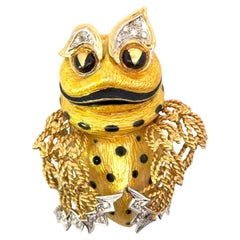 Spilla a rana d'epoca in oro 18 carati con diamanti e smalto, Animalier europeo, 32,6 grammi