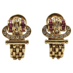 Orecchini a cerchio vintage con fibbia in oro 18 carati, diamanti e rubini