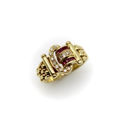 Vintage 18K Gold Diamond and Ruby Buckle Ring