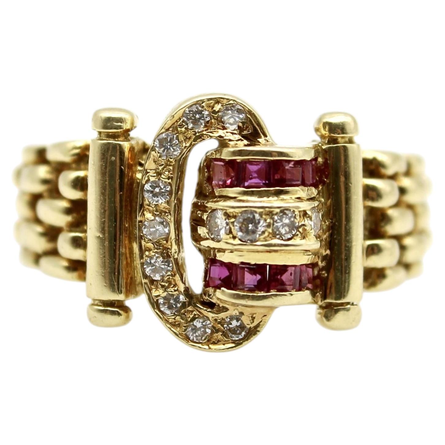 Vintage 18K Gold Diamond and Ruby Buckle Ring