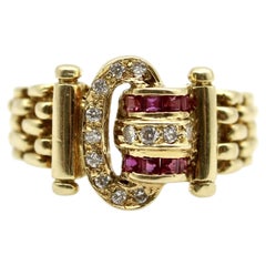 Vintage 18K Gold Diamond and Ruby Buckle Ring