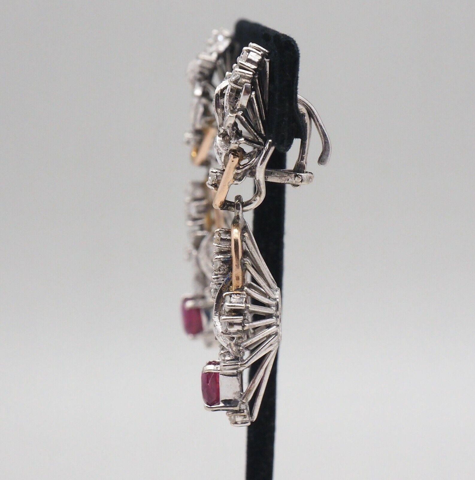 Vintage 18k Gold Diamond and Ruby Dangle Earrings - 14.1g Damen im Angebot