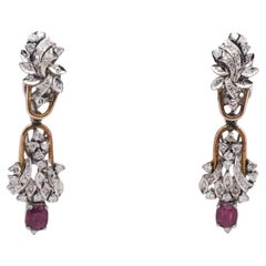 Vintage 18k Gold Diamond and Ruby Dangle Earrings - 14.1g