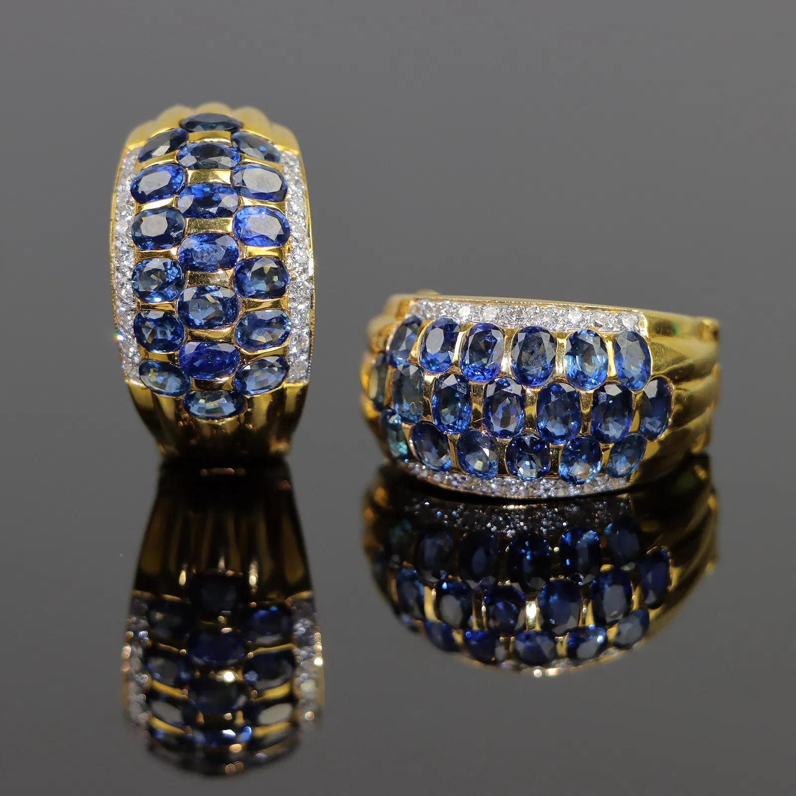 Brilliant Cut Vintage 18K Gold Diamond and Sapphire Huggie Earrings For Sale