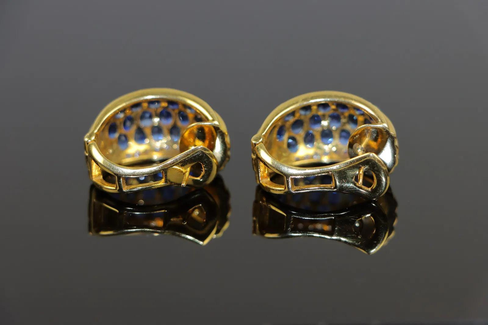 Vintage 18K Gold Diamond and Sapphire Huggie Earrings For Sale 2