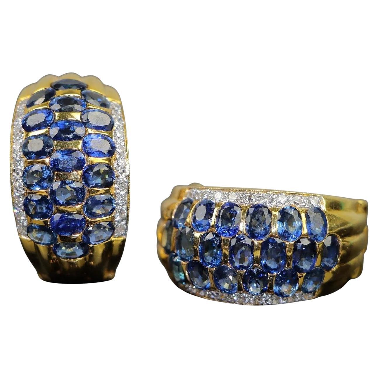Vintage 18K Gold Diamond and Sapphire Huggie Earrings For Sale