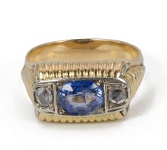 Vintage 18 Karat Gold, Diamond and Sapphire Men's Ring, 1950s