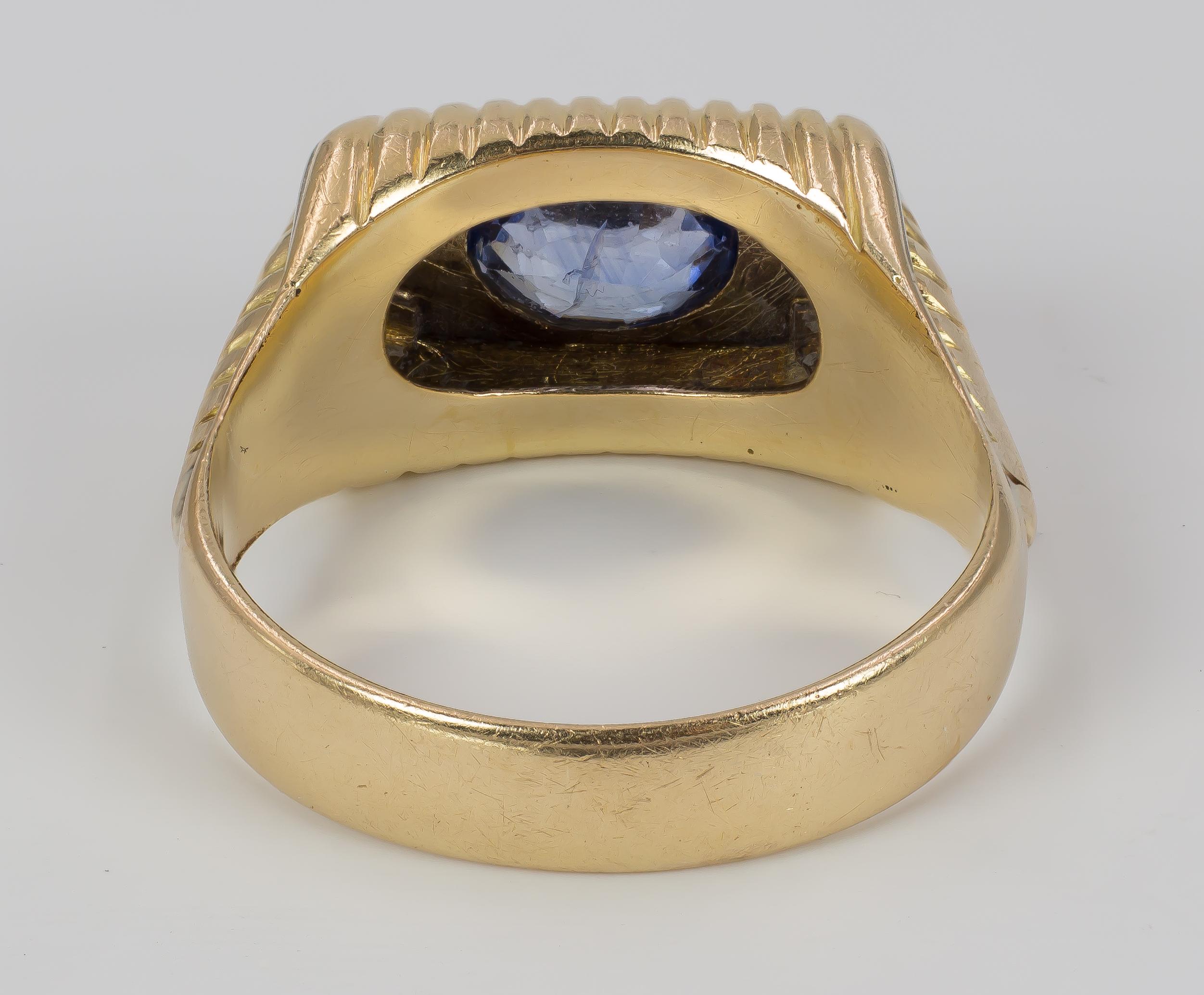 Vintage 18 Karat Gold, Diamond and Sapphire Men's Ring, 1950s For Sale