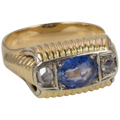 Retro 18 Karat Gold, Diamond and Sapphire Men's Ring, 1950s