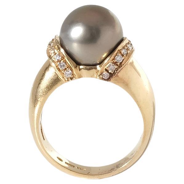 Anello vintage in oro 18 carati, diamanti e perle di Tahiti del 2000