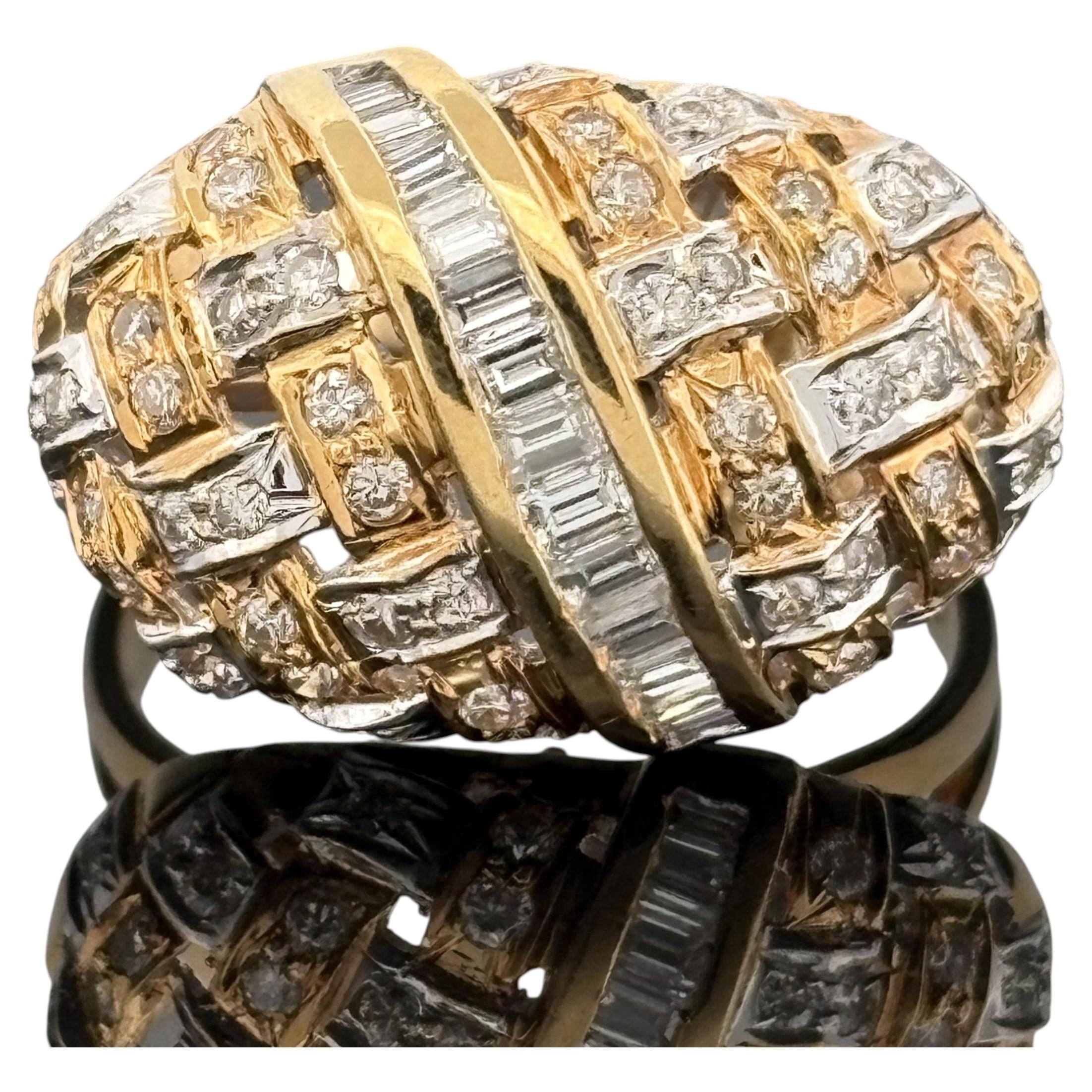 Vintage 18K Gold Diamond Basket-Weave Cocktail Ring For Sale