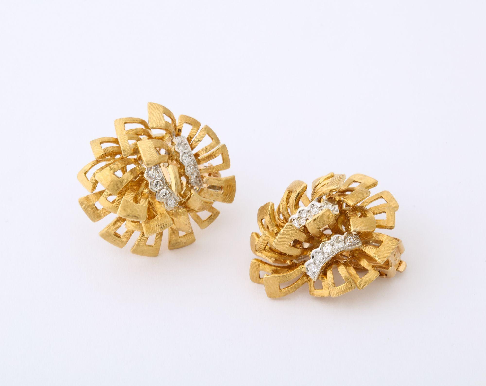 Vintage 18K Gold Diamond Cluster Floral Earrings For Sale 9