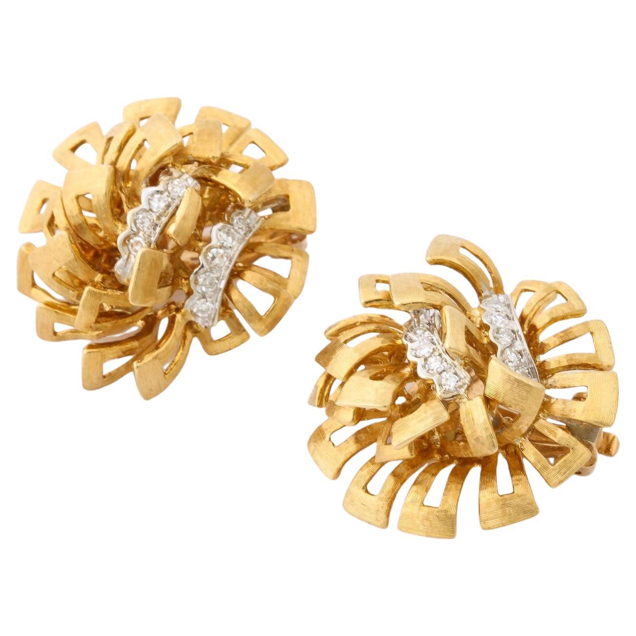 Vintage 18K Gold Diamond Cluster Floral Earrings For Sale