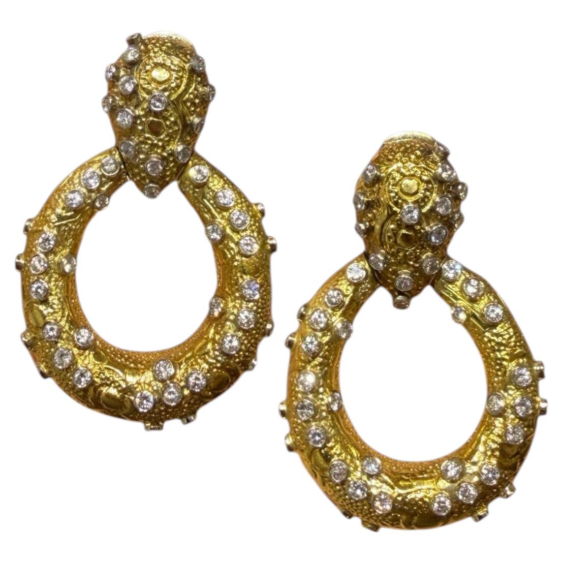 Vintage 18K Gold Diamond Door Knocker Earrings 4.90Ct F-VS Statement Earrings