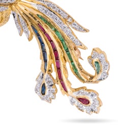 Vintage 18k Gold Diamond Emerald Ruby Peacock Brooch