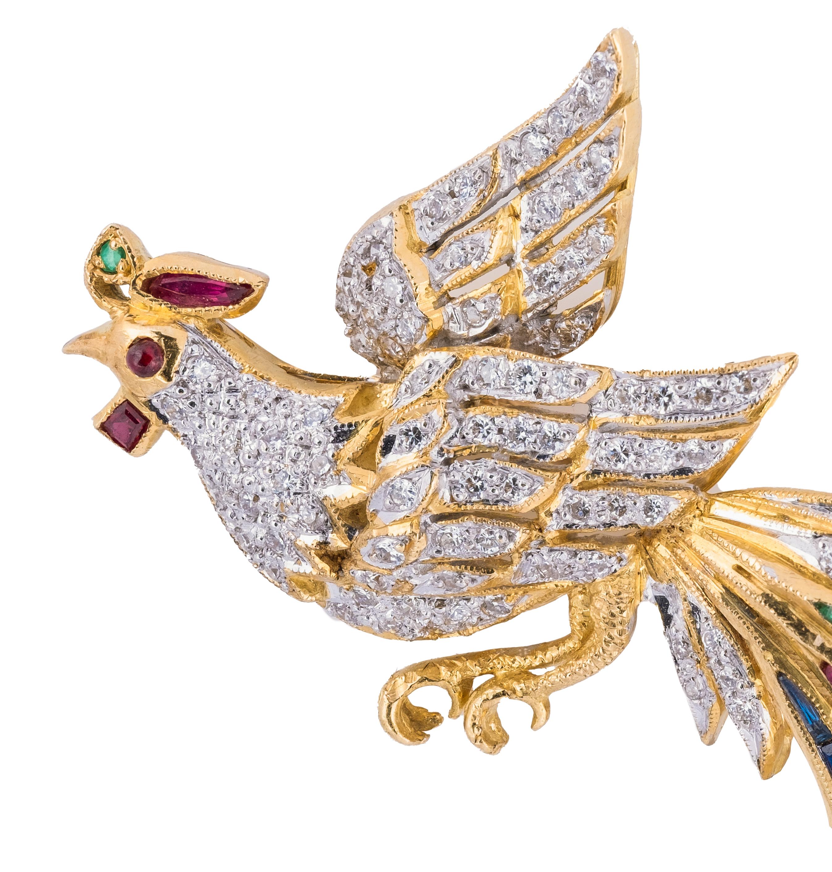 Emerald Cut Vintage 18k Gold Diamond Emerald Ruby Peacock Brooch