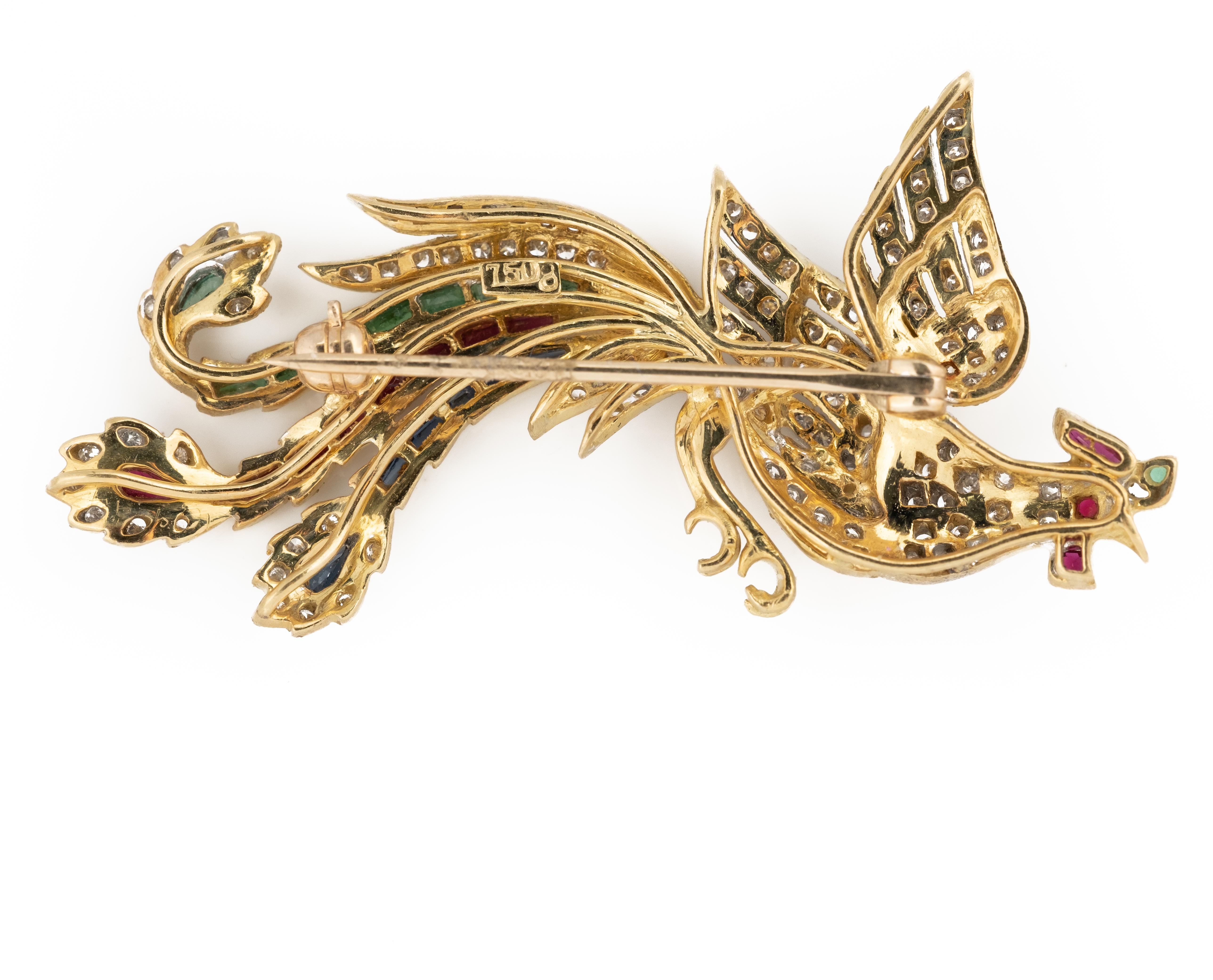 Vintage 18k Gold Diamond Emerald Ruby Peacock Brooch In Good Condition In Kingston, NY