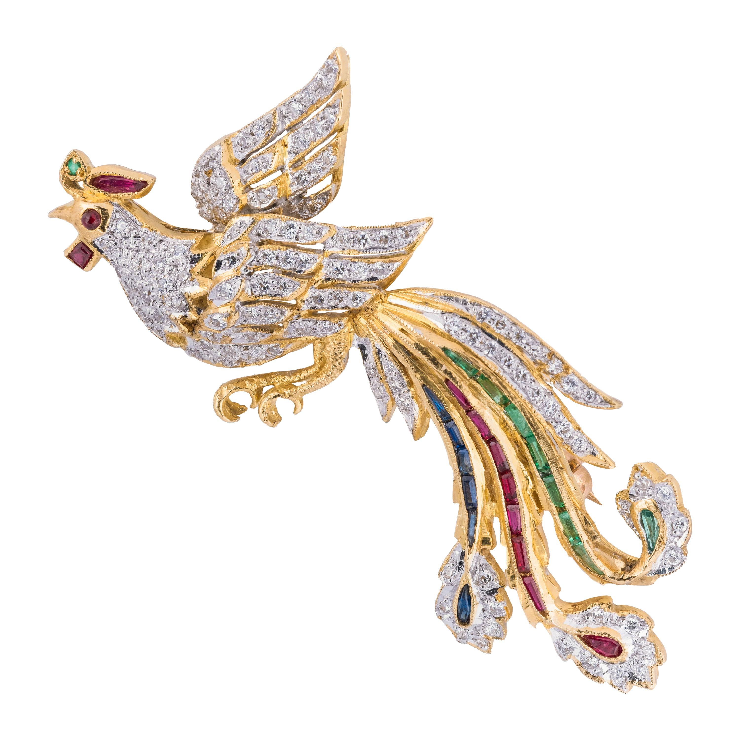 Vintage 18k Gold Diamond Emerald Ruby Peacock Brooch