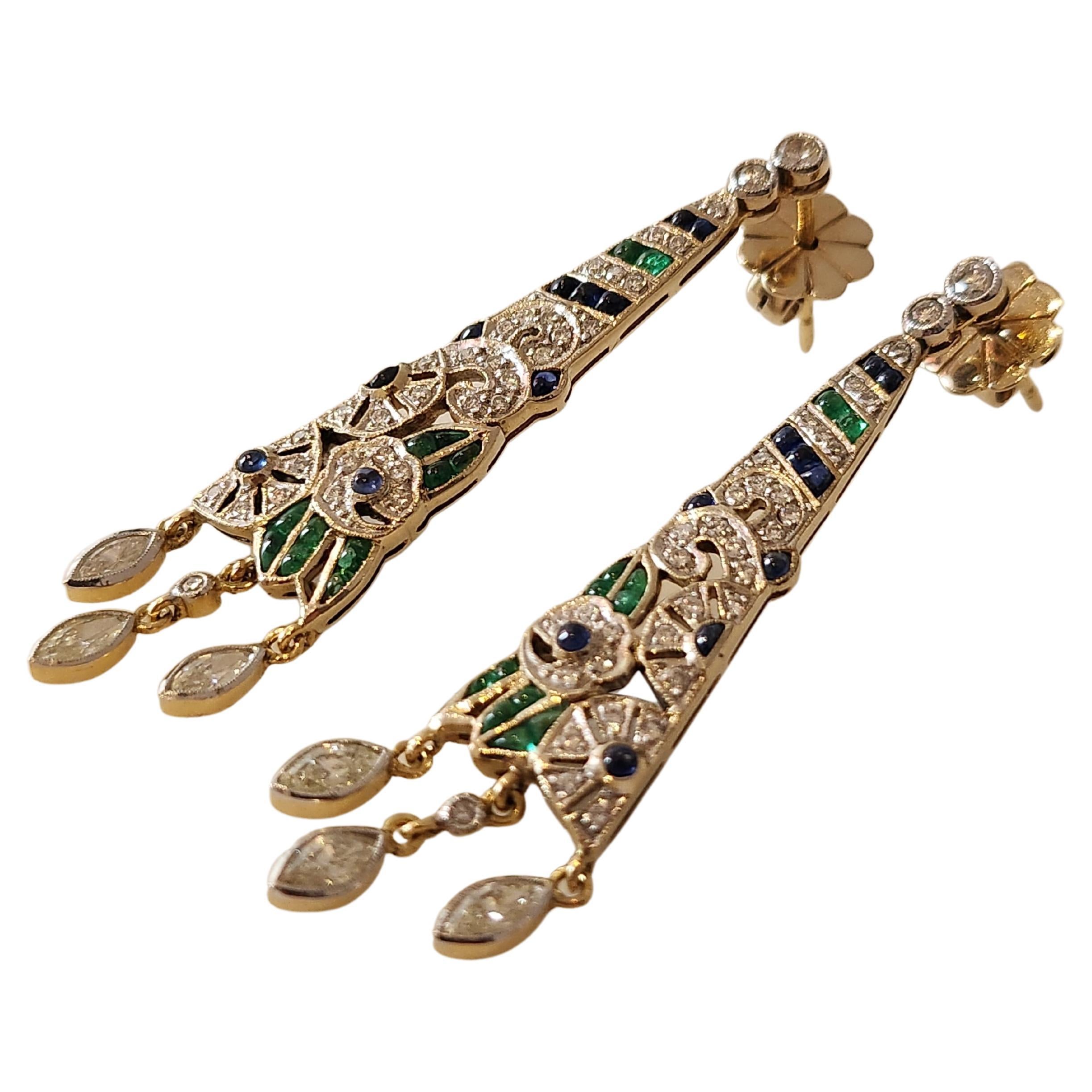 Women's Art Deco Diamond Emerald Sapphire Gold Earrings For Sale