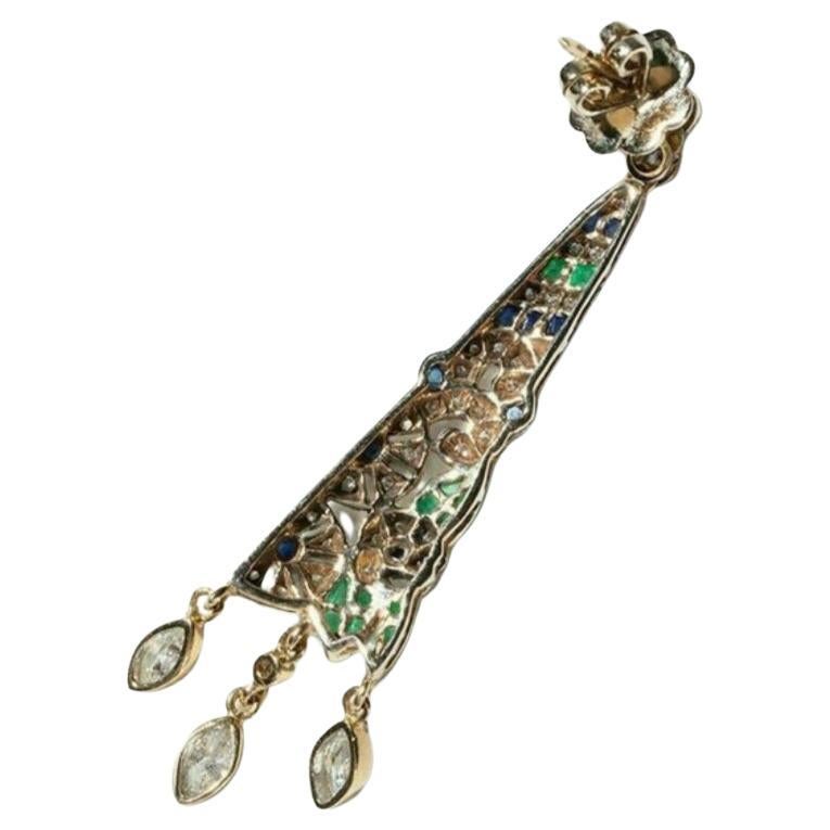 Art Deco Diamond Emerald Sapphire Gold Earrings For Sale 2