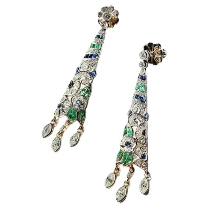 Art Deco Diamond Emerald Sapphire Gold Earrings