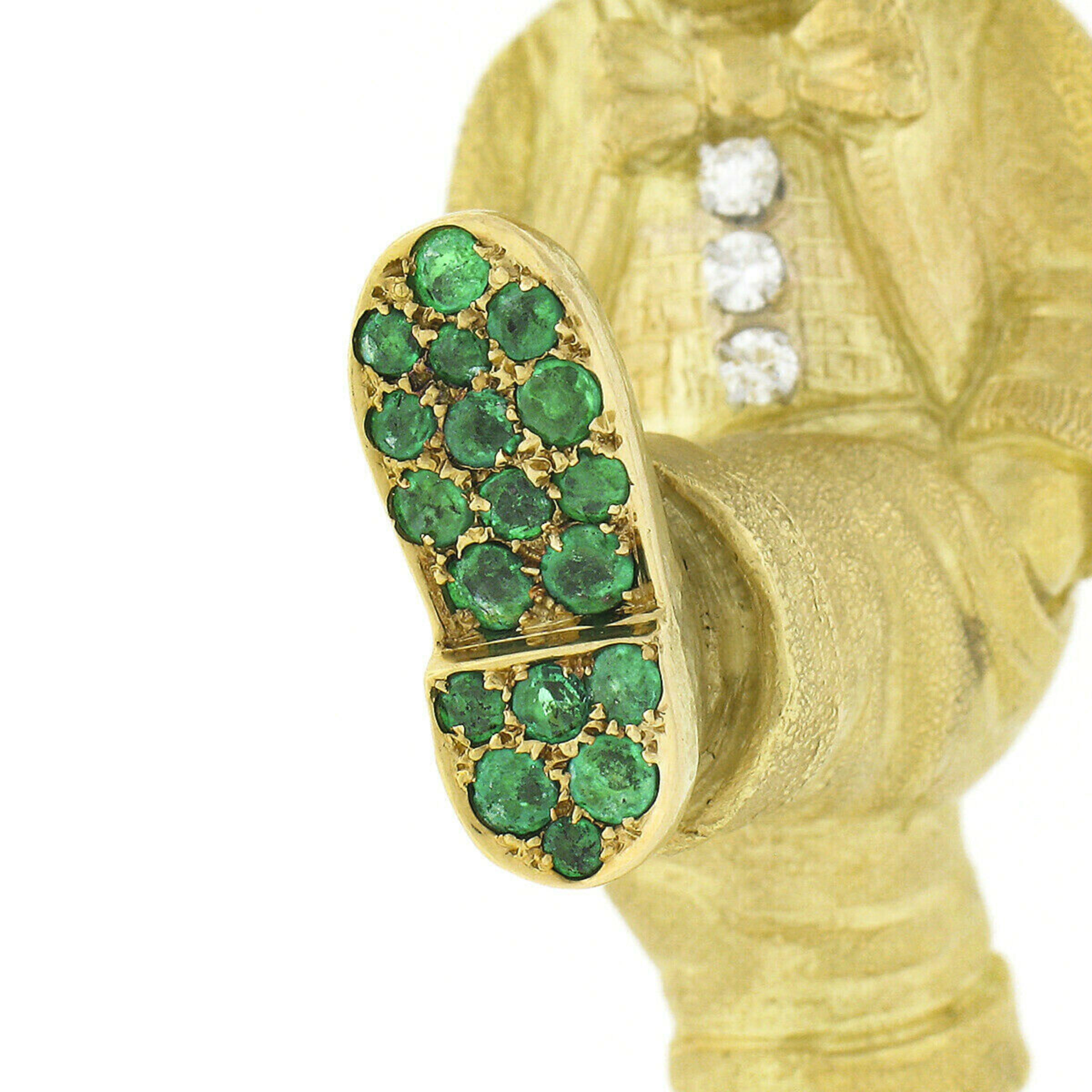Vintage 18K Gold Diamond Emerald Sapphire Textured Detail 3D Boy Walking Brooch 1