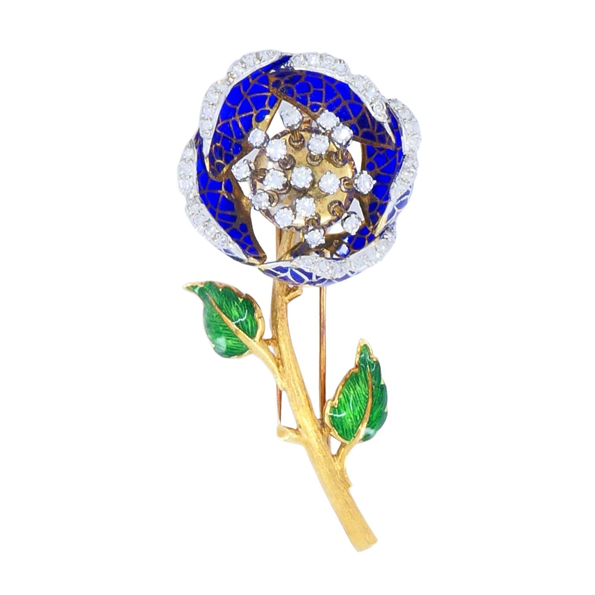 Broche vintage de oro de 18 quilates con esmalte de diamantes Colgante Flor Clip