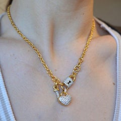 Vintage 18k Gold Diamond Heart Lock Key Pendant Necklace