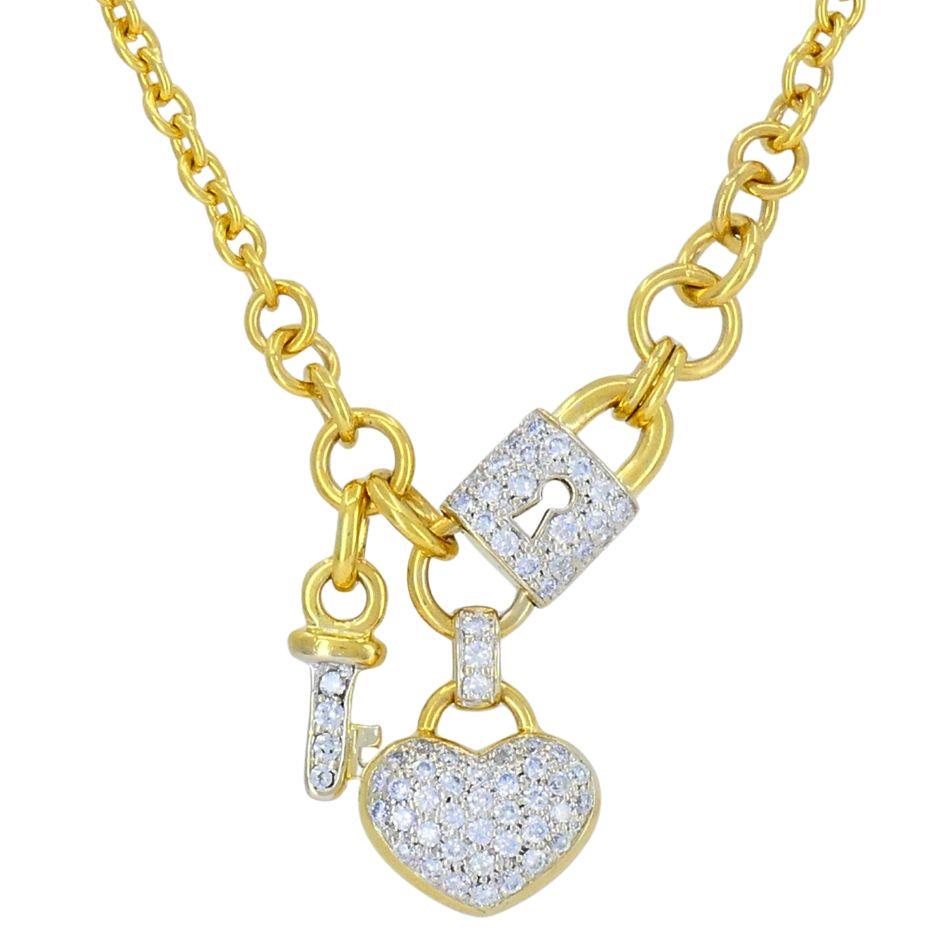 Vintage 18k Gold Diamond Heart Lock Key Anhänger Halskette im Zustand „Gut“ im Angebot in Beverly Hills, CA