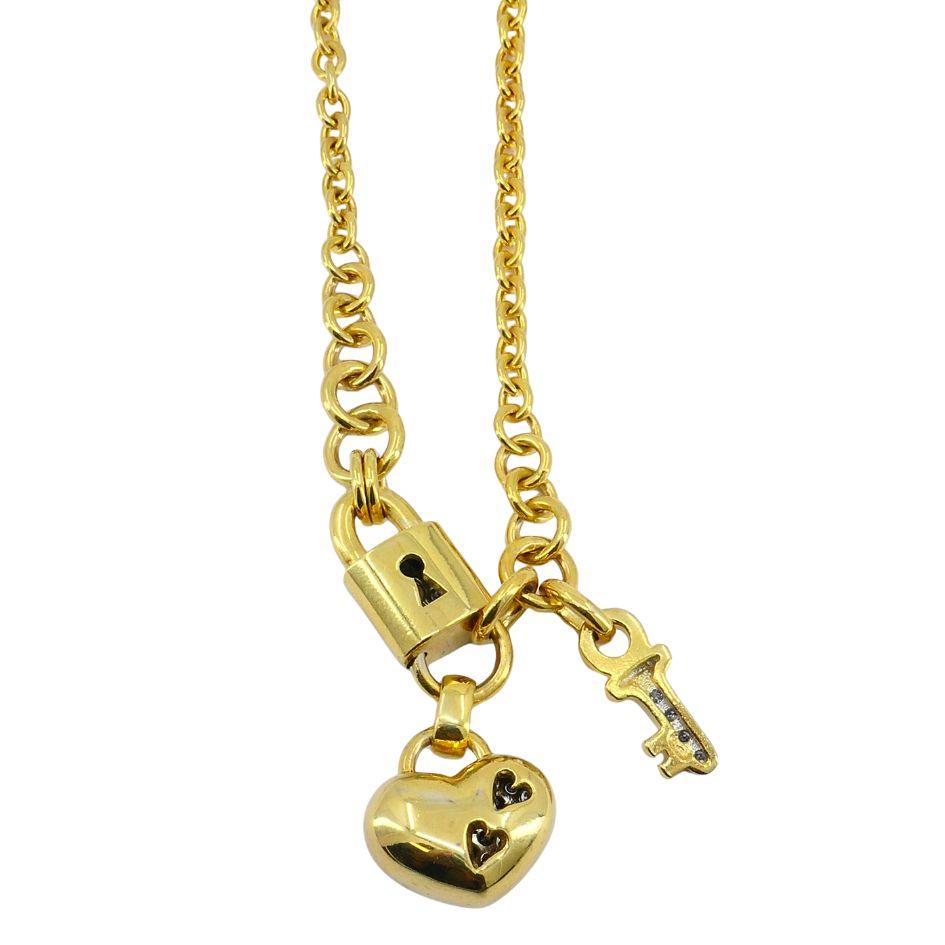 Vintage 18k Gold Diamond Heart Lock Key Anhänger Halskette Damen im Angebot