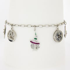 Vintage 18k Gold Diamond & Multi Gemstones Oval Link Dangle Charm Chain Bracelet