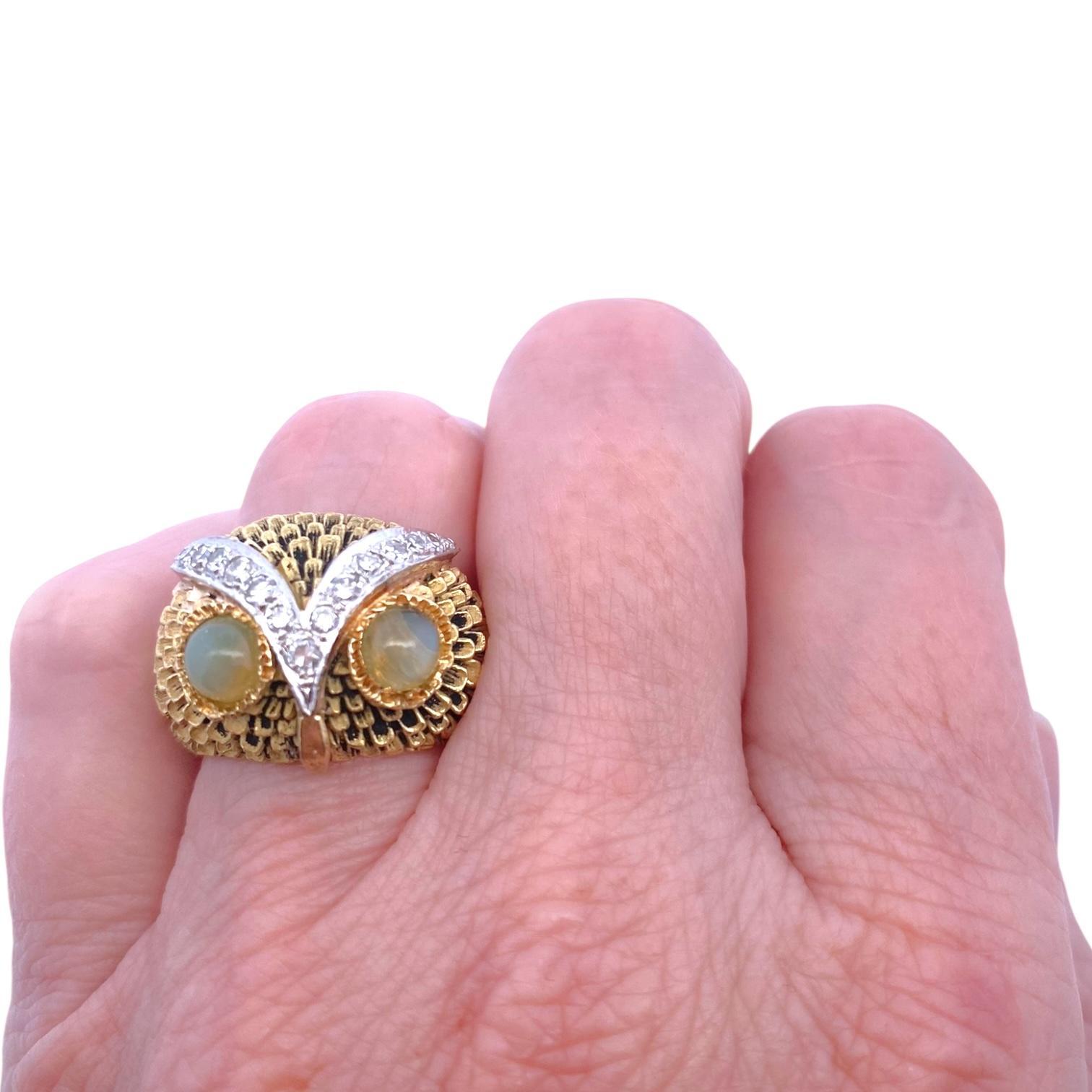Anello gufo d'epoca in oro 18 carati con diamanti e occhi di crisoberillo in vendita 3