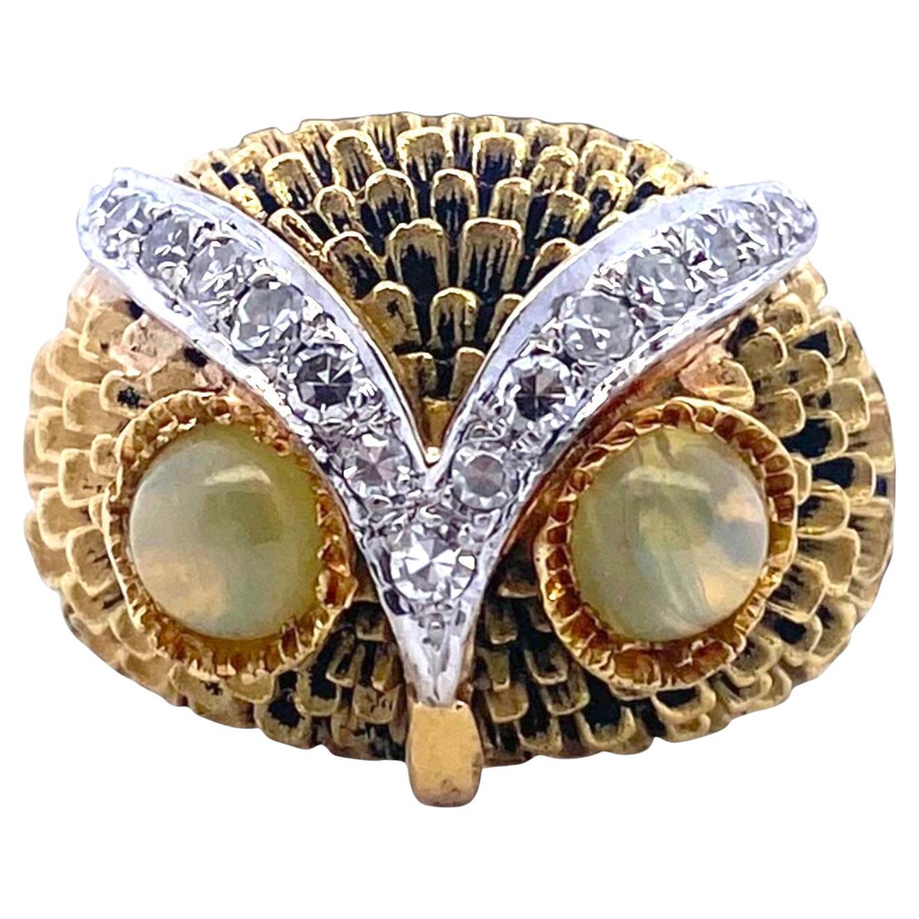 Vintage 18K Gold Diamant Eule Ring mit Chrysoberyll Augen
