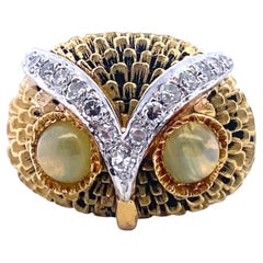 Vintage 18K Gold Diamant Eule Ring mit Chrysoberyll Augen