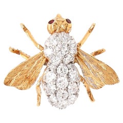 Vintage 18K Gold, Diamond, & Ruby Herbert Rosenthal Style Bee Brooch / Pin