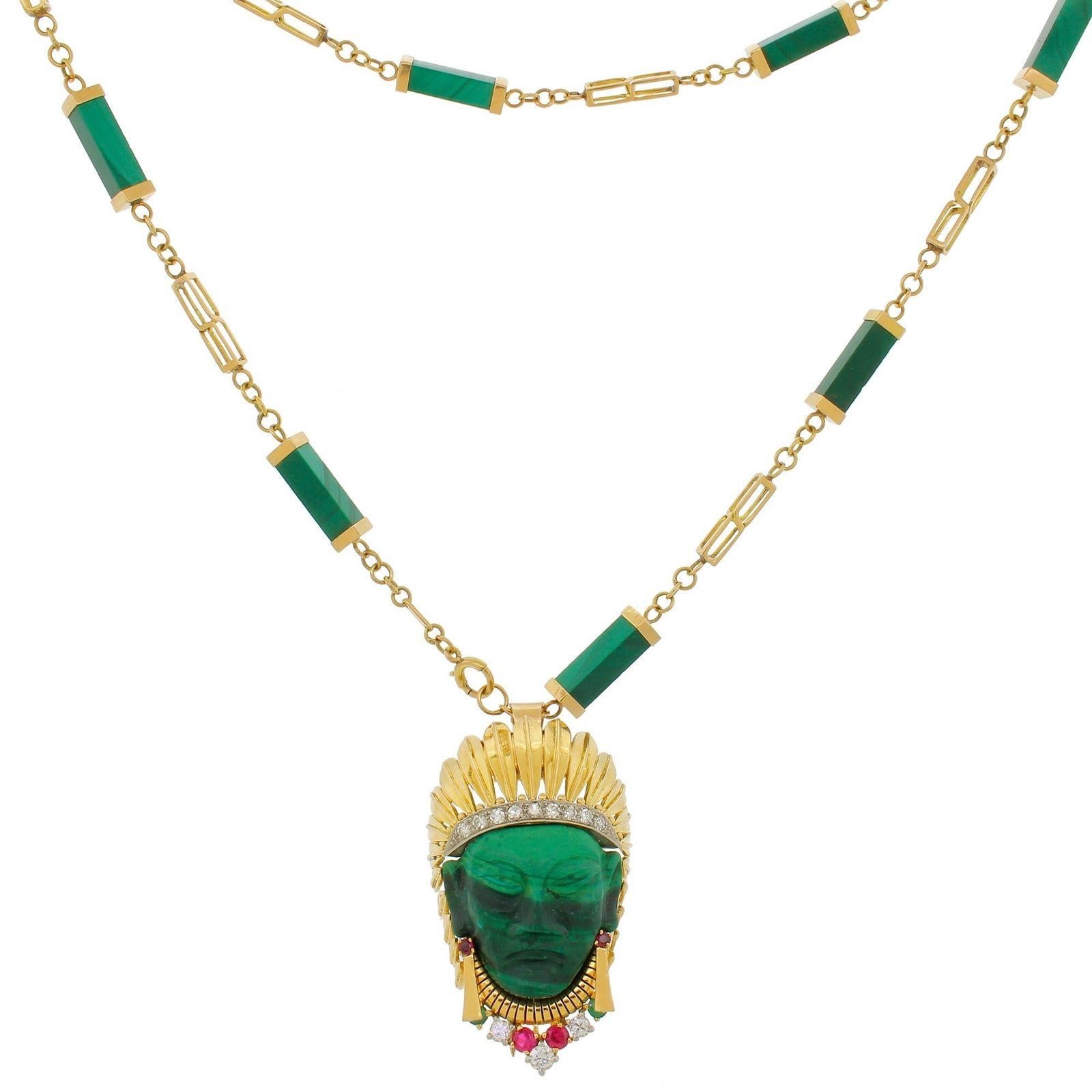 Vintage 18k Gold Diamond Ruby Malachite Indian Chief Clip Brooch 14k Necklace In Good Condition For Sale In Lauderdale by the Sea, FL